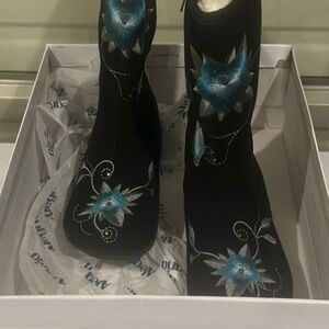 Alegria Black Boots with Blue Floral Embroidery